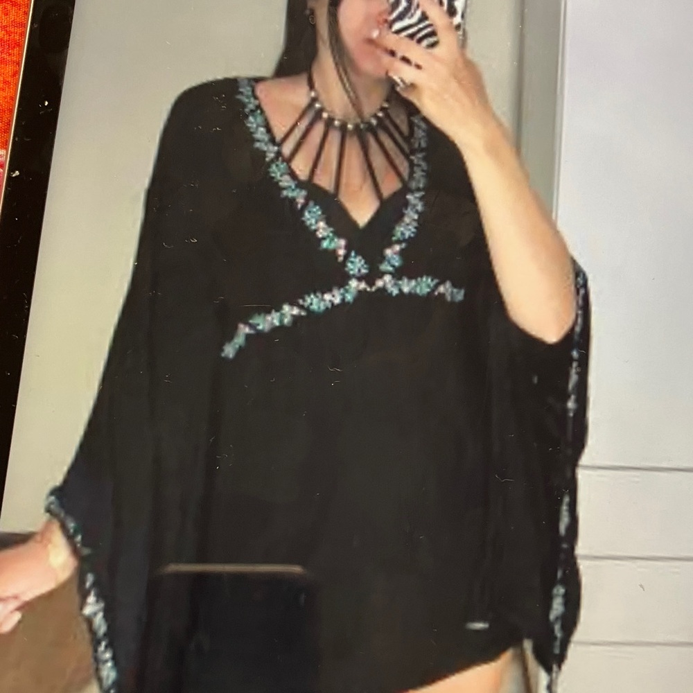 Forever 21 Black Poncho with Blue Embroidery